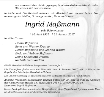 Traueranzeige von Ingrid Maßmann von Neue Osnabrücker Zeitung GmbH & Co. KG