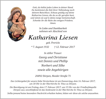 Traueranzeige von Katharina Liesen von Neue Osnabrücker Zeitung GmbH & Co. KG