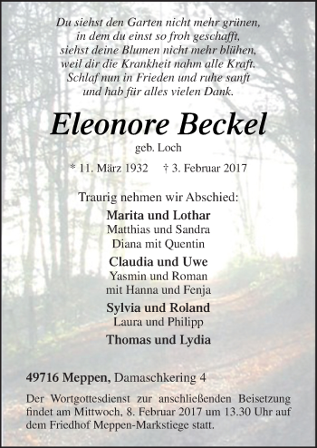 Traueranzeige von Eleonore Beckel von Neue Osnabrücker Zeitung GmbH & Co. KG