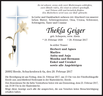Traueranzeige von Thekla Geiger von Neue Osnabrücker Zeitung GmbH & Co. KG