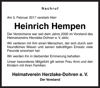 Traueranzeige von Heinrich Hempen von Neue Osnabrücker Zeitung GmbH & Co. KG