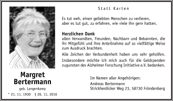Traueranzeige von Margret Bertermann von Neue Osnabrücker Zeitung GmbH & Co. KG