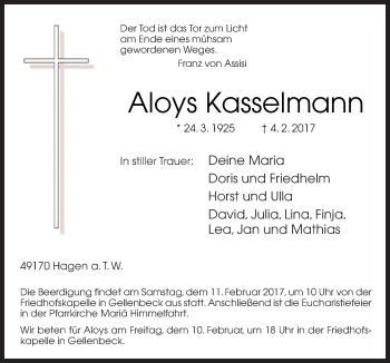 Traueranzeige von Aloys Kasselmann von Neue Osnabrücker Zeitung GmbH & Co. KG