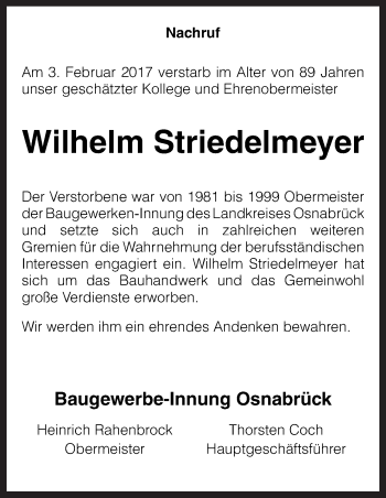 Traueranzeige von Wilhelm Striedelmeyer von Neue Osnabrücker Zeitung GmbH & Co. KG