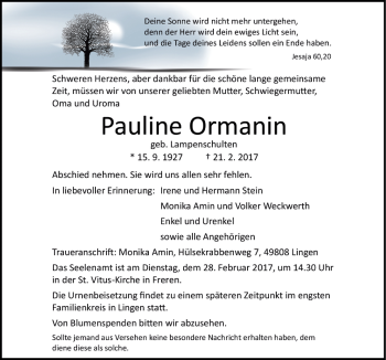 Traueranzeige von Pauline Ormanin von Neue Osnabrücker Zeitung GmbH & Co. KG