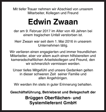 Traueranzeige von Edwin Zwaan von Neue Osnabrücker Zeitung GmbH & Co. KG