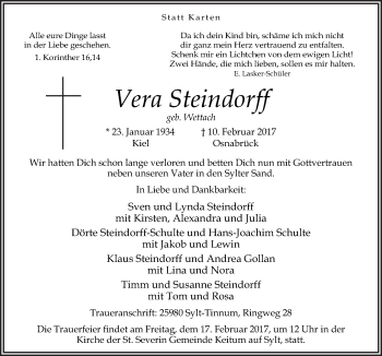 Traueranzeige von Vera Steindorff von Neue Osnabrücker Zeitung GmbH & Co. KG