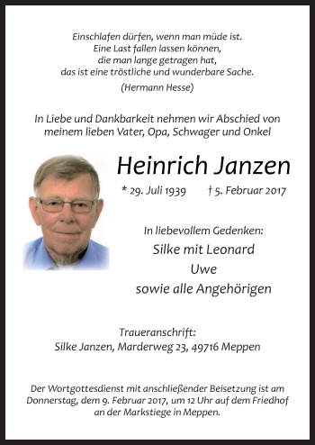 Traueranzeige von Heinrich Janzen von Neue Osnabrücker Zeitung GmbH & Co. KG