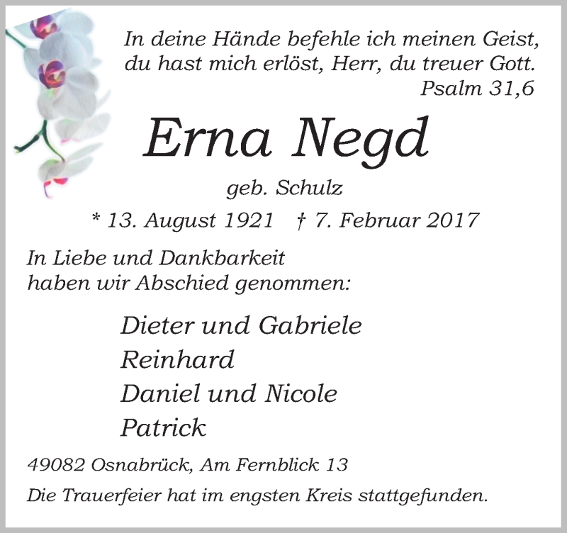  Traueranzeige für Erna Negd vom 18.02.2017 aus Neue Osnabrücker Zeitung GmbH & Co. KG