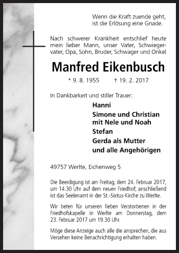 Traueranzeige von Manfred Eikenbusch von Neue Osnabrücker Zeitung GmbH & Co. KG