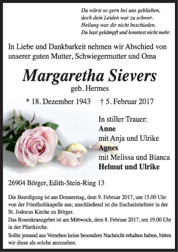 Traueranzeige von Margaretha Sievers von Neue Osnabrücker Zeitung GmbH & Co. KG