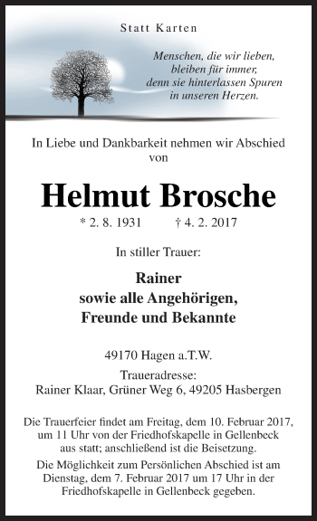 Traueranzeige von Helmut Brosche von Neue Osnabrücker Zeitung GmbH & Co. KG