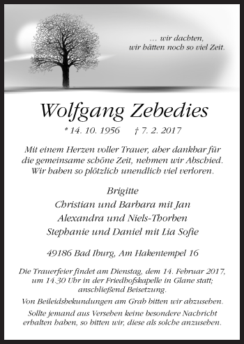 Traueranzeige von Wolfgang Zebedies von Neue Osnabrücker Zeitung GmbH & Co. KG