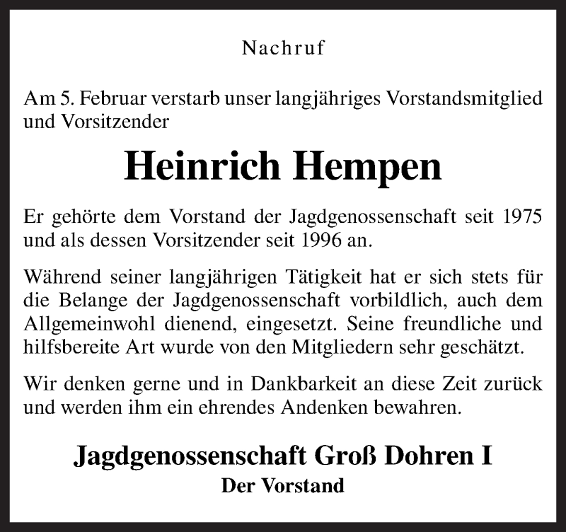  Traueranzeige für Heinrich Hempen vom 13.02.2017 aus Neue Osnabrücker Zeitung GmbH & Co. KG