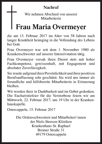 Traueranzeige von Maria Overmeyer von Neue Osnabrücker Zeitung GmbH & Co. KG