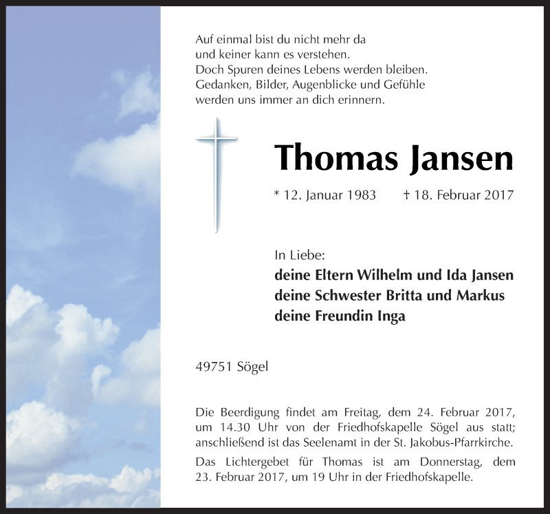  Traueranzeige für Thomas Jansen vom 21.02.2017 aus Neue Osnabrücker Zeitung GmbH & Co. KG