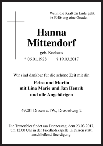 Traueranzeige von Hanna Mittendorf von Neue Osnabrücker Zeitung GmbH & Co. KG