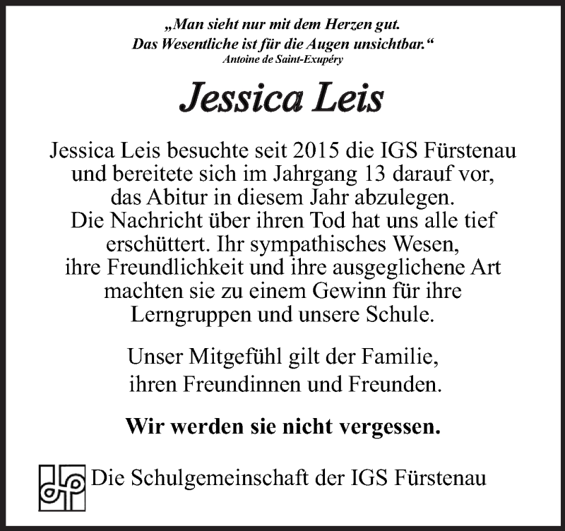  Traueranzeige für Jessica Leis vom 04.03.2017 aus Neue Osnabrücker Zeitung GmbH & Co. KG