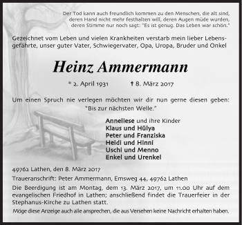 Traueranzeige von Heinz Ammermann von Neue Osnabrücker Zeitung GmbH & Co. KG