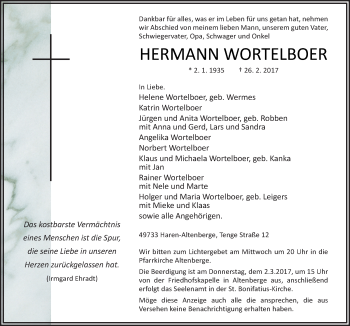 Traueranzeige von Hermann Wortelboer von Neue Osnabrücker Zeitung GmbH & Co. KG