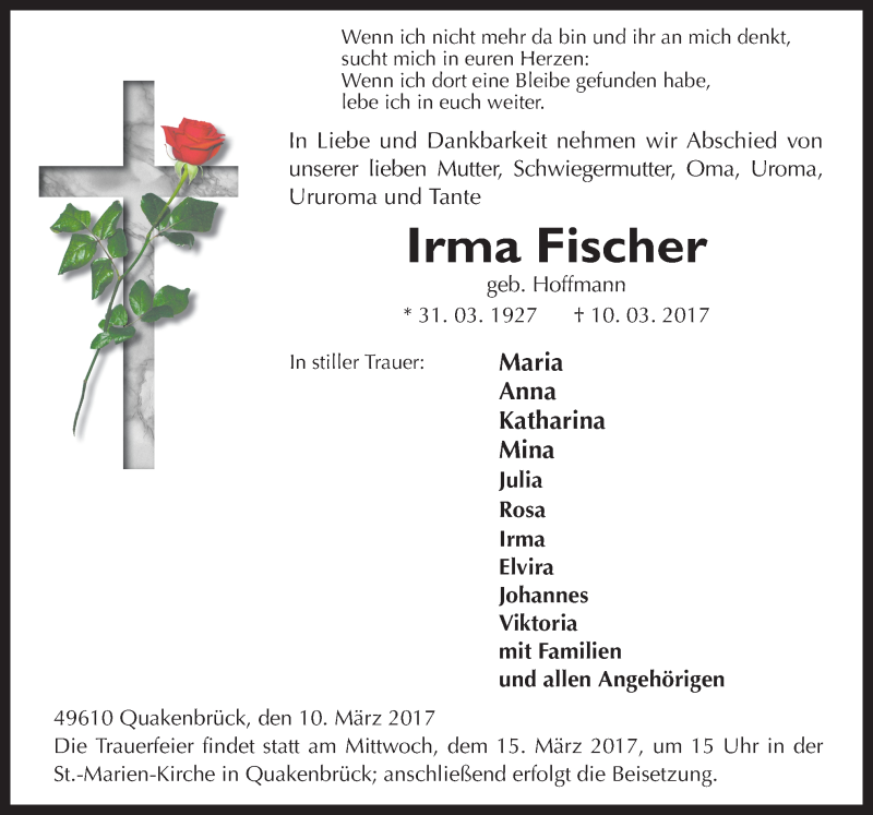  Traueranzeige für Irma Fischer vom 13.03.2017 aus Neue Osnabrücker Zeitung GmbH & Co. KG