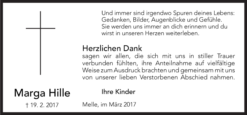  Traueranzeige für Marga Hille vom 31.03.2017 aus Neue Osnabrücker Zeitung GmbH & Co. KG