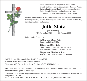 Traueranzeige von Jutta Statz von Neue Osnabrücker Zeitung GmbH & Co. KG