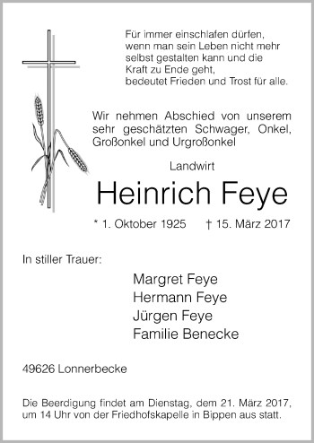 Traueranzeige von Heinrich Feye von Neue Osnabrücker Zeitung GmbH & Co. KG