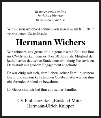 Traueranzeige von Hermann Wichers von Neue Osnabrücker Zeitung GmbH & Co. KG