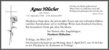 Traueranzeige von Agnes Hölscher von Neue Osnabrücker Zeitung GmbH & Co. KG