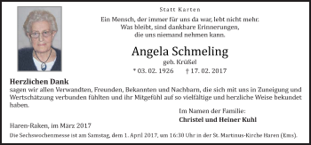 Traueranzeige von Angela Schmeling von Neue Osnabrücker Zeitung GmbH & Co. KG