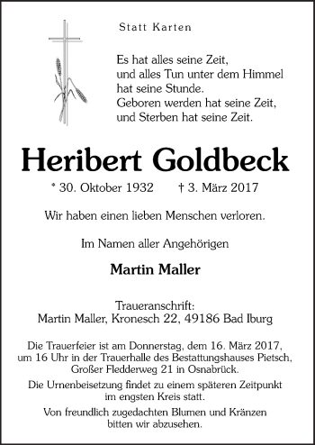 Traueranzeige von Heribert Goldheck von Neue Osnabrücker Zeitung GmbH & Co. KG