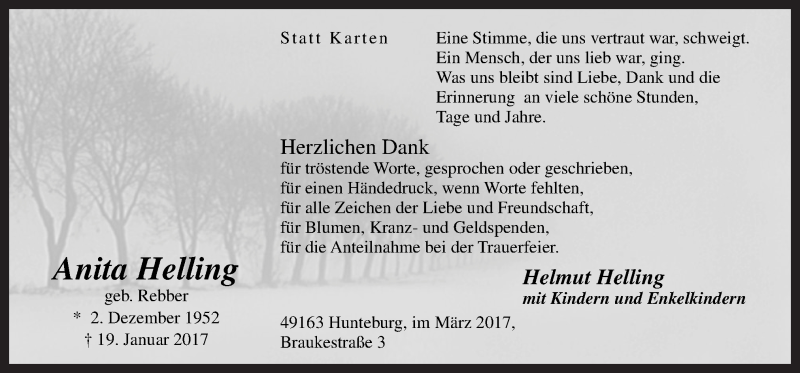  Traueranzeige für Anita Helling vom 04.03.2017 aus Neue Osnabrücker Zeitung GmbH & Co. KG