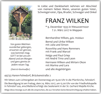 Traueranzeige von Franz Wilken von Neue Osnabrücker Zeitung GmbH & Co. KG