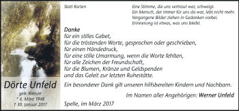 Traueranzeige von Dörte Unfeld von Neue Osnabrücker Zeitung GmbH & Co. KG