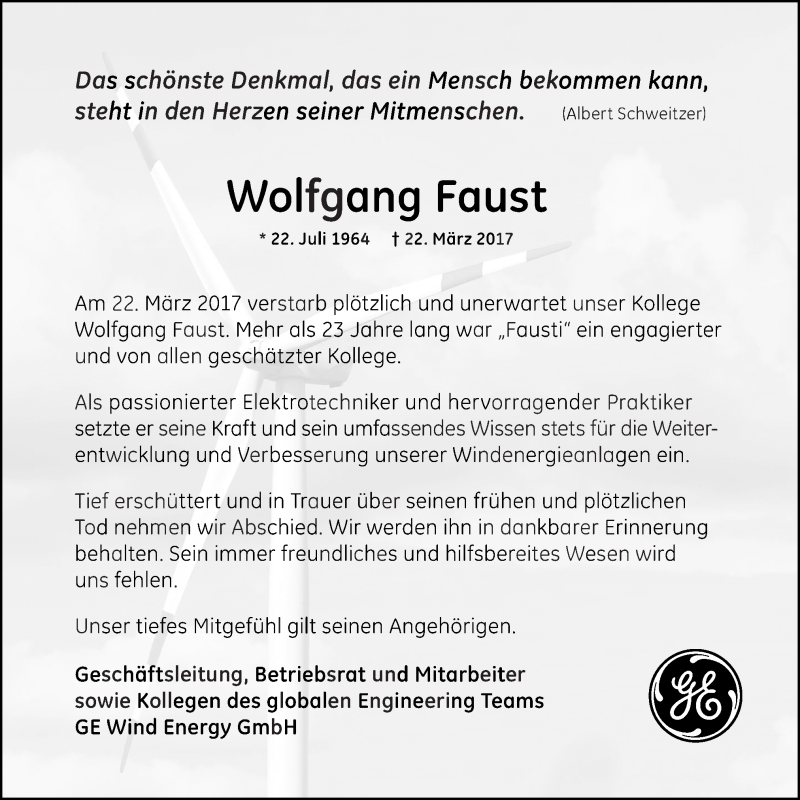  Traueranzeige für Wolfgang Faust vom 28.03.2017 aus Neue Osnabrücker Zeitung GmbH & Co. KG