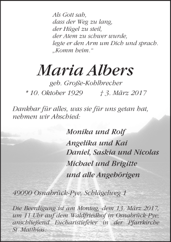 Traueranzeige von Maria Albers von Neue Osnabrücker Zeitung GmbH & Co. KG