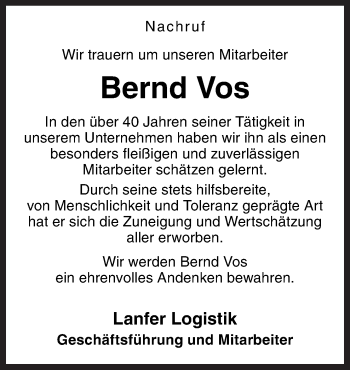 Traueranzeige von Bernd Vos von Neue Osnabrücker Zeitung GmbH & Co. KG