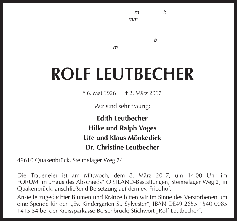  Traueranzeige für Rolf Leutbecher vom 04.03.2017 aus Neue Osnabrücker Zeitung GmbH & Co. KG
