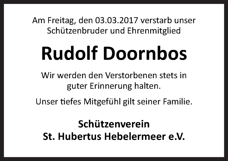  Traueranzeige für Rudolf Doornbos vom 10.03.2017 aus Neue Osnabrücker Zeitung GmbH & Co. KG