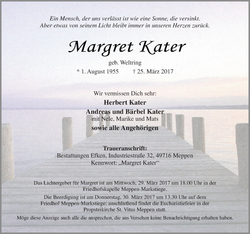  Traueranzeige für Margret Kater vom 28.03.2017 aus Neue Osnabrücker Zeitung GmbH & Co. KG