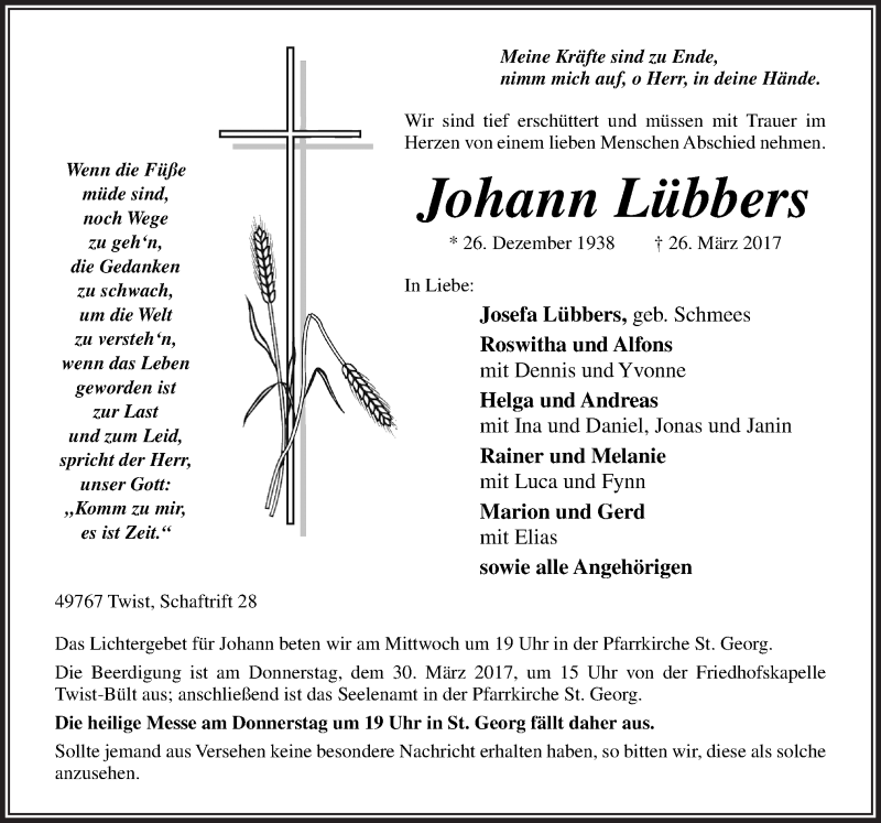  Traueranzeige für Johann Lübbers vom 28.03.2017 aus Neue Osnabrücker Zeitung GmbH & Co. KG