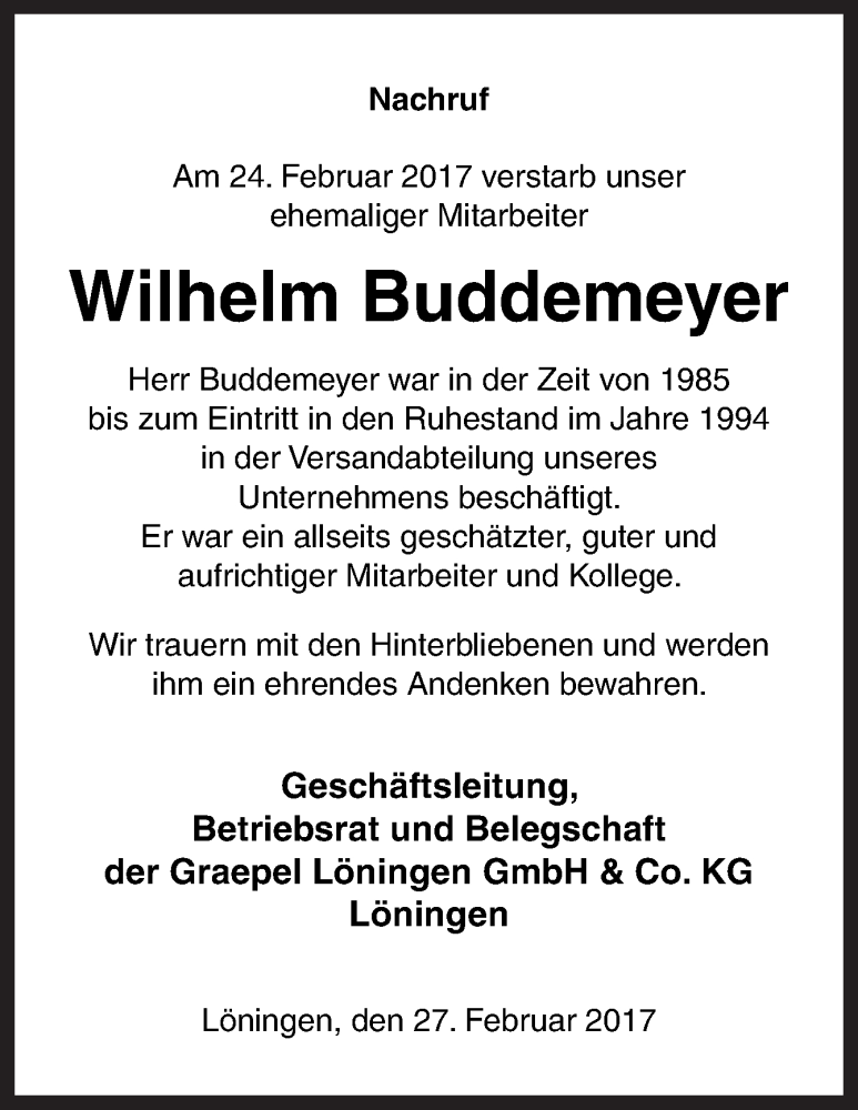  Traueranzeige für Wilhelm Buddemeyer vom 01.03.2017 aus Neue Osnabrücker Zeitung GmbH & Co. KG