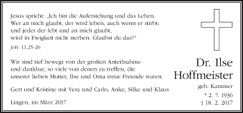 Traueranzeige von Ilse Hoffmeister von Neue Osnabrücker Zeitung GmbH & Co. KG