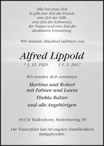 Traueranzeige von Alfred Lippold von Neue Osnabrücker Zeitung GmbH & Co. KG