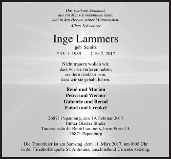Traueranzeige von Inge Lammers von Neue Osnabrücker Zeitung GmbH & Co. KG