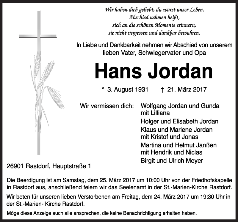  Traueranzeige für Hans Jordan vom 23.03.2017 aus Neue Osnabrücker Zeitung GmbH & Co. KG