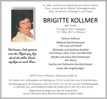 Traueranzeige von Brigitte Kollmer von Neue Osnabrücker Zeitung GmbH & Co. KG