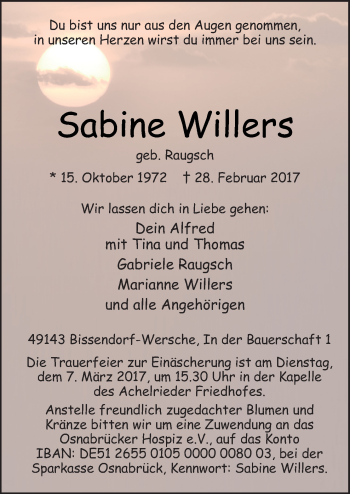 Traueranzeige von Sabine Willers von Neue Osnabrücker Zeitung GmbH & Co. KG
