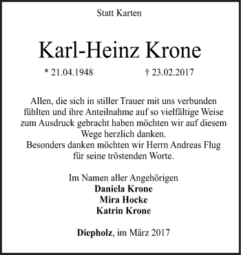 Traueranzeige von Karl-Heinz Krone von Neue Osnabrücker Zeitung GmbH & Co. KG